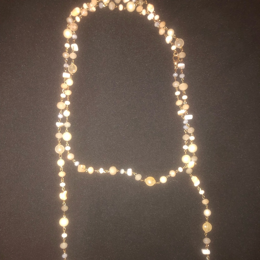 neutral colored beaded long necklace